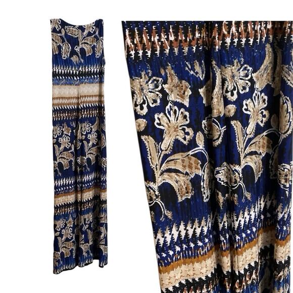 R&M Richards Southwestern Maxi Dress Blue Tan Size 6 A-Line Stretch Travel Soft - Picture 3 of 12